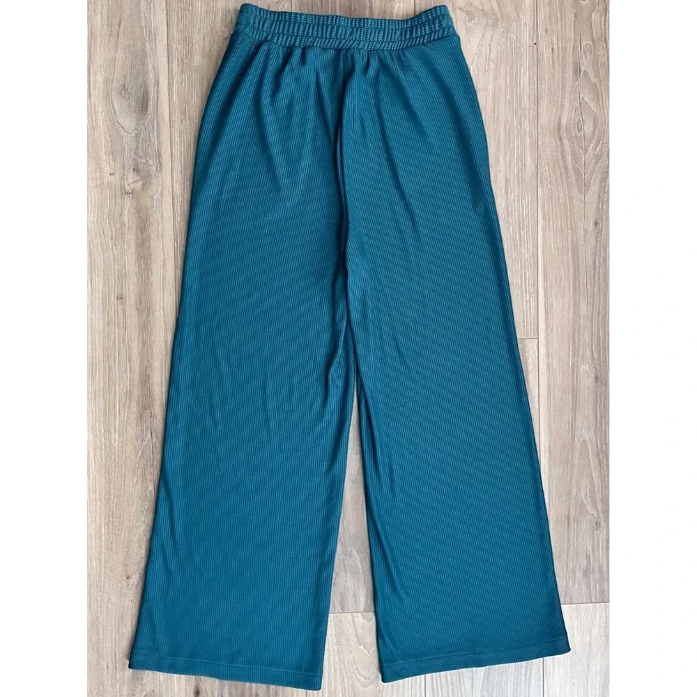 Adrianna Papell Teal Blue Ribbed Wide Leg Pants Smocked Waist SM Flowy Elegant
